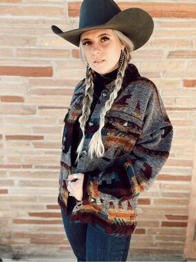 Women's Grey Aztec-Pattern Button Jacket - Multicolor Accents